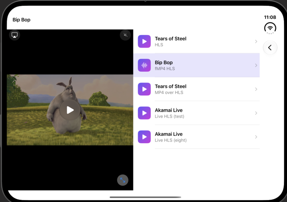 Sample app on the open inner display in landscape: player and stream list side by side