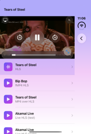 Sample app on the open inner display: player stacked above the list while playback continues